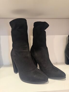 Black Suede High-Heel Sock Ankle Boots
